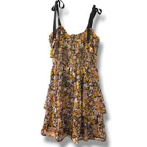 storia yellow floral dress Shoulder Tie Smocked Tiered Ruffle Whimsy Coquette